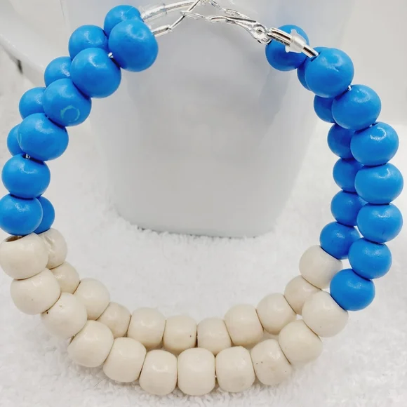 Large hoop earrings, large wooden bead earrings, earrings with blue and white3.0 - Picture 3 of 9